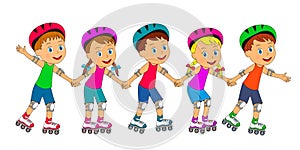 Boys and girls riding on roller skates