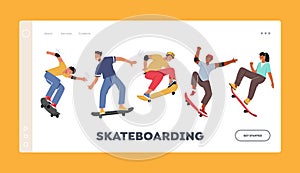 Boys and Girls Skateboarding Activity Landing Page Template Set. Young People Skating Longboard, Jump and Making Stunts