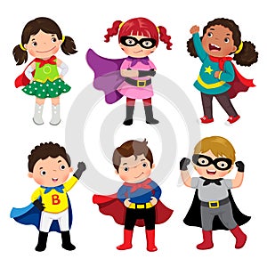 Boys and girls in superhero costumes on white background