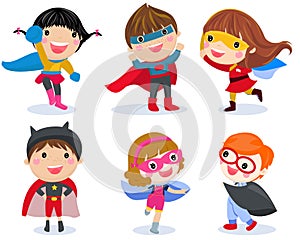 Boys and girls in superhero costumes on white background
