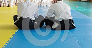 Boys in hakama sitting on tatami on martial arts training