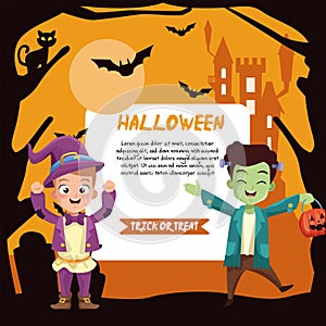 Boys in halloween wizard and frankenstein costume with banner vector design