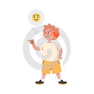 Boys hand pointing forefinger on the left side and laughing, vector funny child makes a gesture paying joking attention