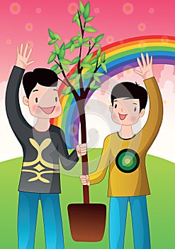 boys holding potted tree in hands. Vector illustration decorative design