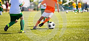 Boys Kicking Soccer Ball. Children Soccer Team. Running soccer players