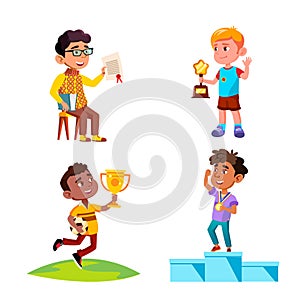 Boys Kids Celebrate Victory With Award Set Vector