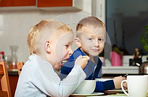 Boys kids children eating corn flakes breakfast meal at the table