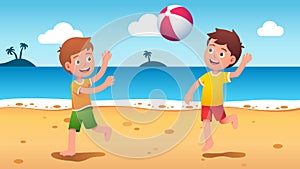 Boys kids playing beach ball at summer seaside