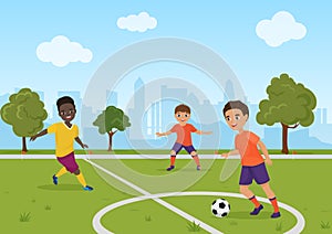 Boys kids playing soccer football. Vector illustration.