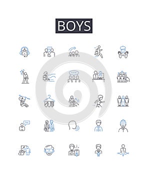 Boys line icons collection. Men, Guys, Males, Dudes, Bros, Lads, Gentlemen vector and linear illustration. Blokes,Fellas