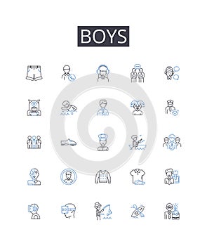 Boys line icons collection. Men, Guys, Males, Dudes, Bros, Lads, Gentlemen vector and linear illustration. Blokes,Fellas