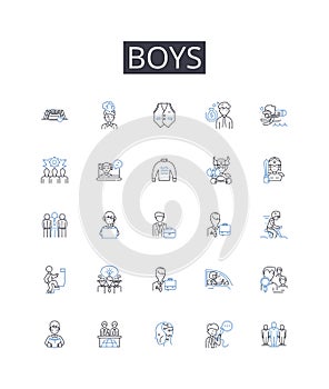 Boys line icons collection. Men, Guys, Males, Dudes, Bros, Lads, Gentlemen vector and linear illustration. Blokes,Fellas