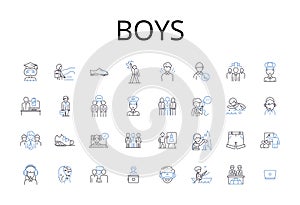 Boys line icons collection. Men, Guys, Males, Dudes, Bros, Lads, Gentlemen vector and linear illustration. Blokes,Fellas