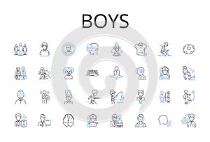 Boys line icons collection. Men, Guys, Males, Dudes, Bros, Lads, Gentlemen vector and linear illustration. Blokes,Fellas