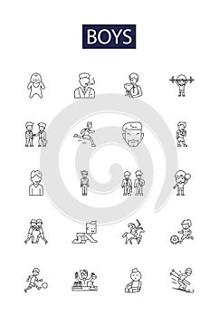 Boys line vector icons and signs. Male, Guys, Lads, Studs, Bro, Guys, Son, Boyfriend outline vector illustration set