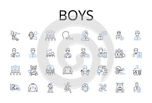 Boys line icons collection. Men, Guys, Males, Dudes, Bros, Lads, Gentlemen vector and linear illustration. Blokes,Fellas photo