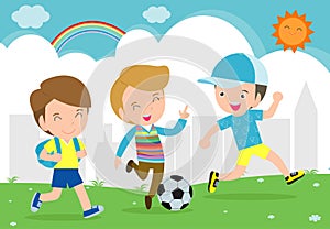 Boys play football. Children playing soccer in the park Vector illustration.