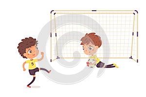 Boys play soccer game, isolated football match scene, goalkeeper holding ball and lying