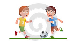 Boys playing soccer game together. Junior football