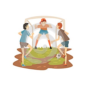 Boys Playing Soccer on Sport Field, Summer Outdoor Activities Vector Illustration