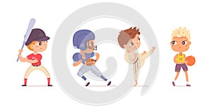 Boys playing sports set. Happy kids doing healthy exercise vector illustration. Children play karate, baseball with bat