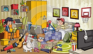 Boys reading comic books in the bedroom.