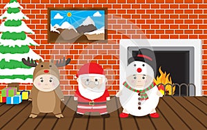 Boys in Reindeer, Santa Claus, Snowman costume, Vector Christmas house