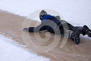 Boys ride with big ice slide.