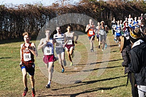 Boys running downhill chasing each other during a cross country race