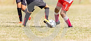 Boys Running and Kicking Football on the Sports Field. Two Youth Soccer Players Compete for the Soccer Ball