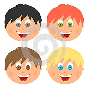 Boys set children`s faces with different hair color and eyes with a big smile with an open mouth with tongue and white teeth. Comb