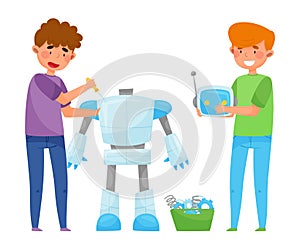 Boys Teenagers Standing Engineering and Fixing Robot Vector Illustration