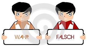 Boys with true and false signs, cartoon, color, isolated.