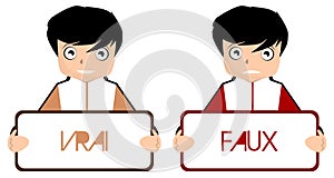 Boys with true and false signs, cartoon, color, isolated.