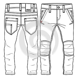 Boys Urban Look Pant fashion flat sketch template. Technical Fashion Illustration. Trouser CAD. Slim fit. Cut and sew at Knees