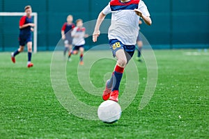 Boys in white and blue sportswear plays football on field, dribbles ball. Young soccer players with ball on green grass. Training photo