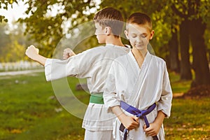 Boys in white kimono during training karate