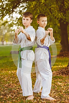 Boys in white kimono during training karate