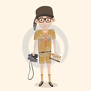 Boyscout with binoculars. Smart boy training to scout.