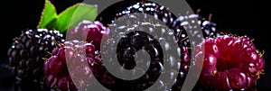 Boysenberries background banner. vibrant macro of delicious ripe berries for food and summer themes