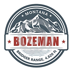 Bozeman, ski resort stamp, Utah bridger range emblem with snow covered mountains photo