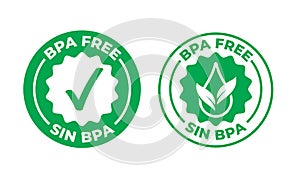 BPA free vector green check mark certified icon. Safe food package stamp, healthy sin BPA, Spanish seal stamp