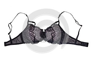 Bra isolated. Closeup of beautiful female stylish black bra with laces and straps isolated on a white background. Fashionable