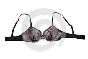 Bra isolated. Closeup of beautiful female stylish black pink bra with laces and straps isolated on a white background. Fashionable