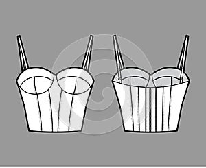 Bra longline lingerie technical fashion illustration with adjustable shoulder straps, molded cup, hook-and-eye closure