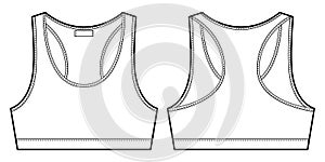 Bra technical sketch illustration. Women`s yoga underwear design template. Casual underclothing