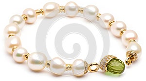 a bracelet with pearls and a green crystal beaded clasp on a white background with a gold clasp and a green crystal beaded clasp