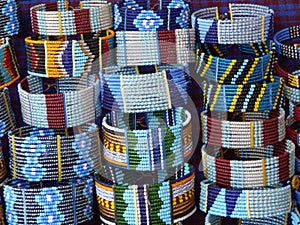 Bracelets shown for sale in a local village Maasai market