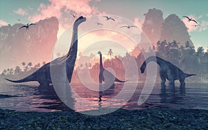 Brachiosaurus dinosaur in water next to islands with palm trees