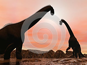 Brachiosaurus dinosaurs by sunset - 3D render